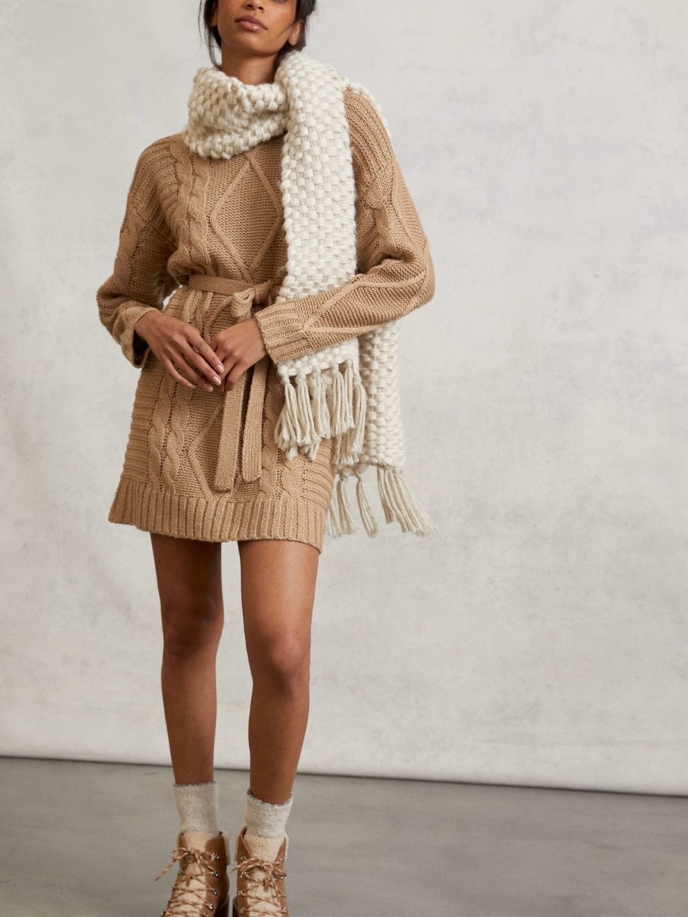 NWT- Anthropologie Amadi Camel Cable-Knit Sweater Dress with Self-Tie